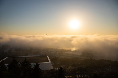 baku city. Azerbaijan. 05.16.2021 year. Fog creeping through the city.のeditorial素材