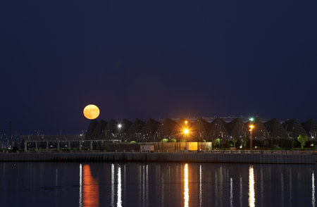 Baku. Azerbaijan. 07/05/2020 year. Beautiful moonrise over Crystal Hall.のeditorial素材