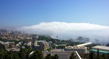 baku city. Azerbaijan. 05.16.2021 year. Fog creeping through the city.のeditorial素材