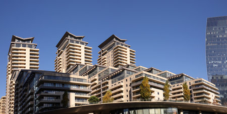 Baku. Azerbaijan. 11.28.2020. Beautiful modern buildings in the city center next to the marina.のeditorial素材