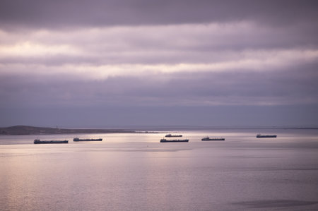 Ships anchored in the bay of the port of Baku. Azerbaijan.の写真素材