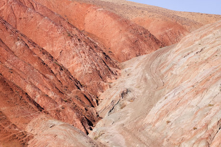 Beautiful mountains with red stripes. Khizi region. Azerbaijan.の写真素材