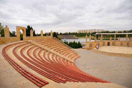 town. Ganja. Azerbaijan. 07.26.2021. Amphitheater in Heydar Aliyev Park in the city center.のeditorial素材