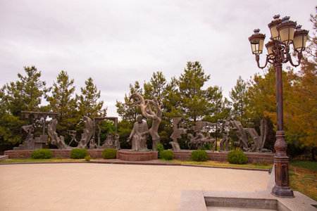 Ganja city, Azerbaijan, 07.28.2021. Composition in the park of the poet Nizami Ganjavi.のeditorial素材