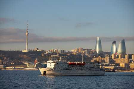 Baku. Azerbaijan. 01.24.2021. of the year. A beautiful white ship transport people.のeditorial素材
