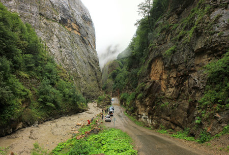 Village of Gryz. Guba region. Azerbaijan. 07.23.2016. A road in a beautiful canyon.のeditorial素材