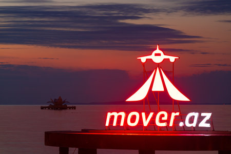 Baku, Azerbaijan, 02.22.2021. Airline advertising on Primorsky Boulevard.のeditorial素材