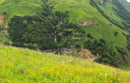 Azerbaijan. Beautiful waterfall in the mountains. Kusar district.