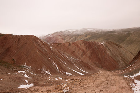 Beautiful red mountains of Azerbaijan in winter. Khizi region.