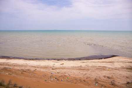 Dirty coast of the Caspian Sea. Azerbaijan.の写真素材