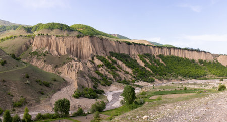 Kusar region. Azerbaijan. 05.17.2021. Beautiful green fields and mountains.