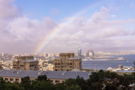 Baku. Azerbaijan. 07/09/2021. Big rainbow over the city center.