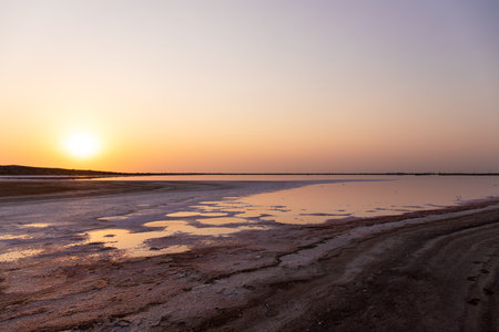 Beautiful sunset on a salt lake. Neftchala. Azerbaijan.