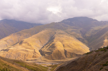 Golden mountains at sunset near Khinalig village. Guba region. Azerbaijan.