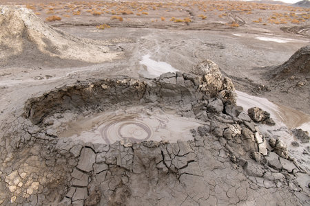 Beautiful mud volcanoes in the mountains near the village of Alyat. Azerbaijan.