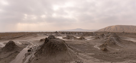 Beautiful mud volcanoes in the mountains near the village of Alyat. Azerbaijan.