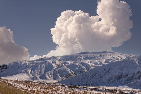 Beautiful cirrus clouds in the winter sky in the mountains. Azerbaijan.
