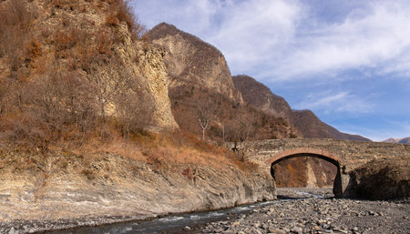 Old Ulu Bridge of the 19th century in Gakh. Azerbaijan.