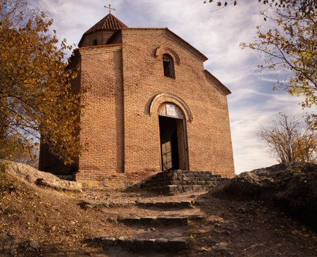 City of Gakh. Azerbaijan. 11.24.2022. Steps to the Albanian temple in the city of Gakh. Temple of Kurmuk 7th century.のeditorial素材
