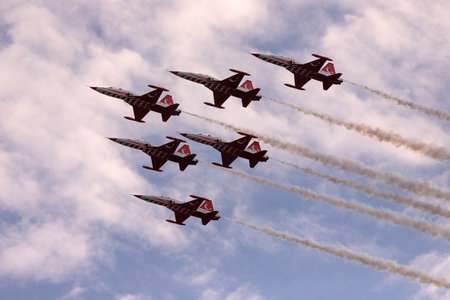 Baku. Azerbaijan. 06/05/2022. Military fighter jets emitting smoke at Technofest.のeditorial素材