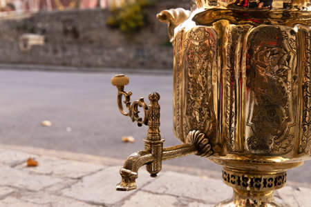 Sheki. Azerbaijan. 11.25.2022. Beautiful handmade samovar in Karavan Saray.のeditorial素材