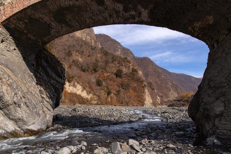 Old Ulu Bridge of the 19th century in Gakh. Azerbaijan.