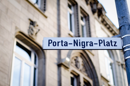 Porta Nigra Square, Trier, Germany, street signの写真素材