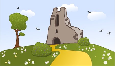 Old castle ruins on a hill, with tree, bushes, bird, clouds, bloomsの写真素材