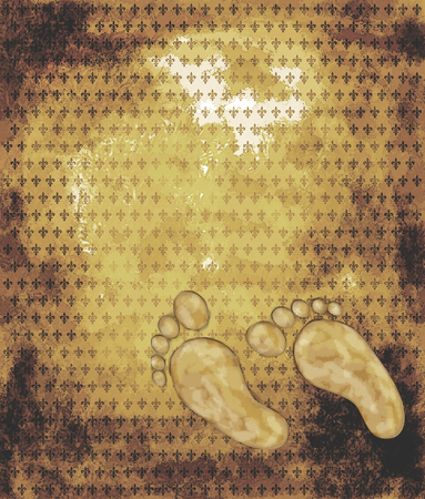 Grungy feet on a fleur de lis patterned background-yellow spectrumの写真素材