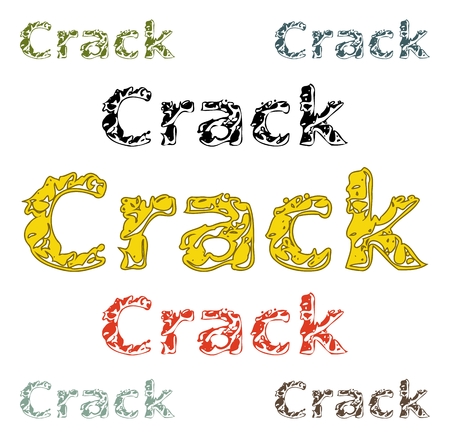 word CRACK isolated on white background in different colored variationsのイラスト素材