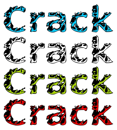 word CRACK isolated on white background in four colored variationsのイラスト素材