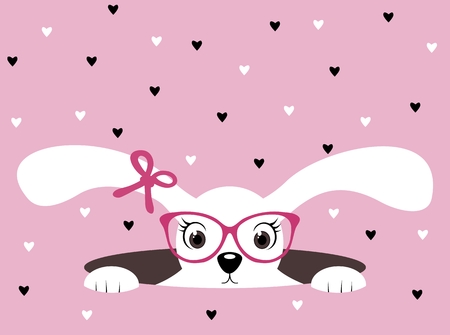 Cute white bunny girl with glasses on pink heart backgroundのイラスト素材