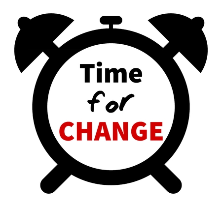 Minimalistic clock with time for change text. Time for CHANGE lettering. Design element time for change. Time for change clock silhouette. Isolated on white background.のイラスト素材