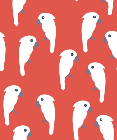 Seamless pattern with white cockatoo birds on red background. Tileable avian wallpaperのイラスト素材