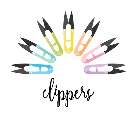 Set of colored scissors arranged in a semicircle with clippers inscription isolated on white background. Calligraphic inscription. Professional thread cutterのイラスト素材