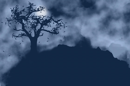 Tree with falling leaves and moon on a foggy night. Space for your text. Can be used for Halloween cards, prints, cover design, book design, websites, backgrounds etc.の写真素材