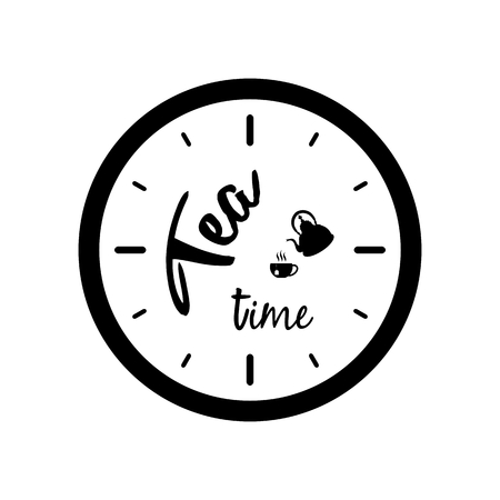 Clock silhouette with tea pot, cup and Tea Time text isolatedのイラスト素材