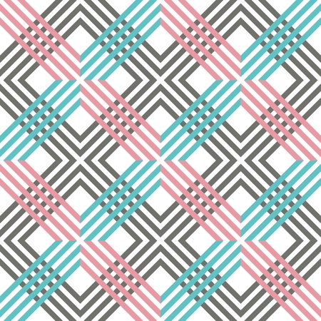 Abstract striped geometric pattern with lines and grids. Seamless vibrant colored background in pink, grey, white and blue colors. Optical illusion effectのイラスト素材