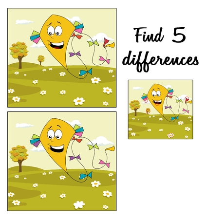 Autumn meadow with yellow kite floating over cloudy sky. Find 5 differences. Educational game for childrenのイラスト素材