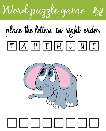 Words puzzle game with elephant. Place the letters in right order. Learning vocabulary. Worksheet for preschool pupils. Educational game for childrenのイラスト素材