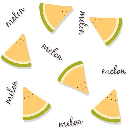Seamless pattern of fresh yellow melon slices with lettering and drop shadow. Summer fruit background usable for wallpapers, wrapping papers, textile design etcのイラスト素材