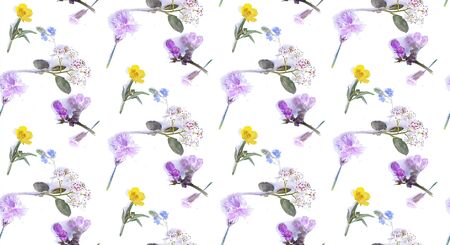Seamless pattern of spring flowers and leaves in style of watercolor painting over white background