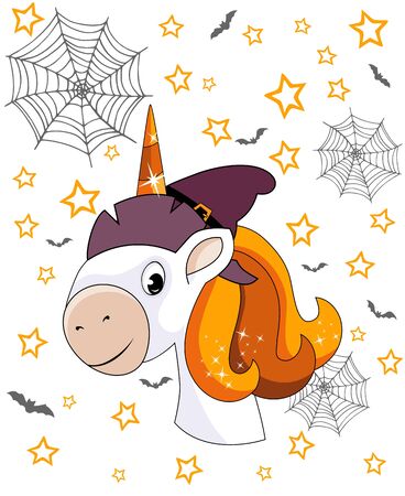 Portrait of cute smiling unicorn with witch hat, bats, spiderwebs and stars over white background. Halloween themeのイラスト素材