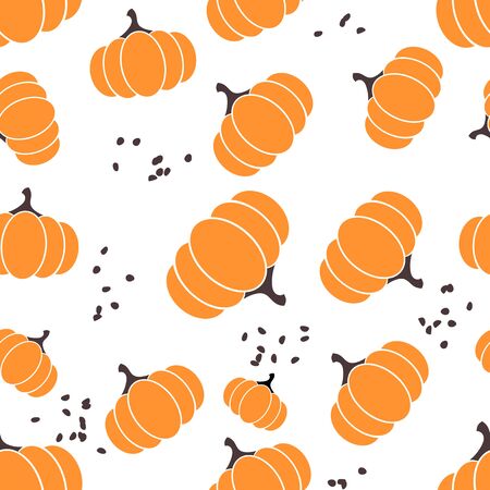 Seamless pattern of pumpkin and dots or seeds. Nordic design background. Scandinavian style. Pastel colored pattern over white backgroundのイラスト素材