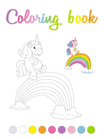 Cartoon unicorn and a rainbow bridge. Cute smiling unicorn coloring book page isolated on white backgroundのイラスト素材