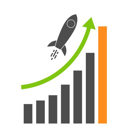 Business growth icon with bar graph and rocket. Concept of growing for successful economics. Graph that shows increase in sales or earningsのイラスト素材