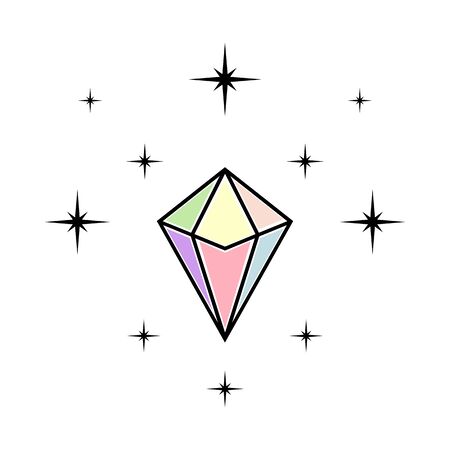 Magic colored crystal gem with glowing shine. Flat design. Crystal gemstone over white backgroundのイラスト素材