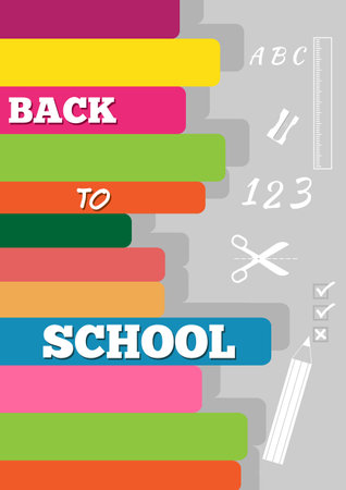 Back to School background or poster. Stack of books, ruler, alphabet, sharpener, pencil. Flat style designのイラスト素材