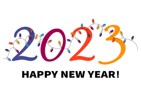2023 Happy New Year minimalistic illustration. Christmas lights, numbers and Happy New Year text....