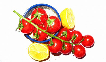 Digital watercolor painting branch of delicious fresh cherry tomatoes, lemon, quinoa over white background.の写真素材